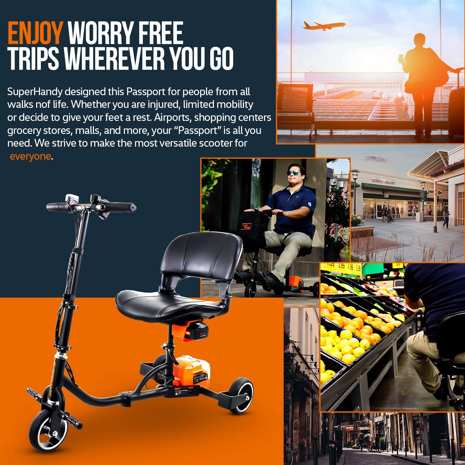 Super Handy GUT112 Passport 3 Wheeled Lightweight Long Range Folding Mobility Scooter New