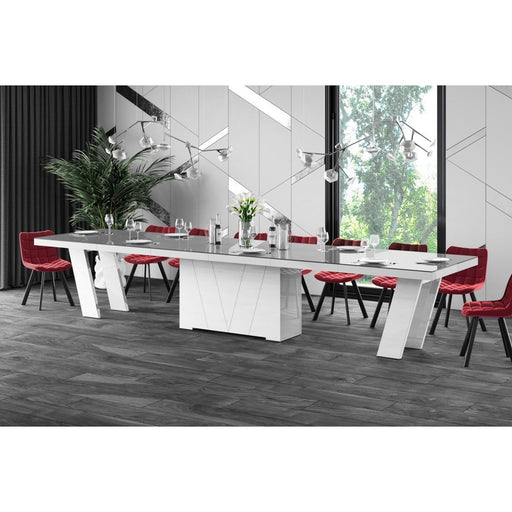 Maxima House Dining Set ALETA 11 pcs. modern glossy gray/ white Dining Table with 4 self-starting leaves plus 10 chairs - HU0079K-332GR - Backyard Provider