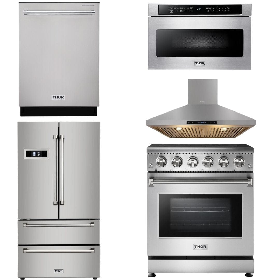 Thor Kitchen Appliance Package - 30 inch Electric Range, Range Hood, Microwave Drawer, Counter-Depth Refrigerator, Dishwasher, AP-HRE3001-7