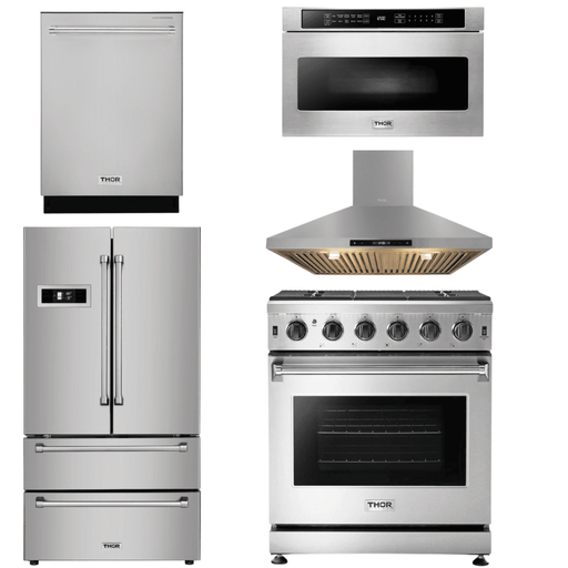 Thor Kitchen Appliance Package - 30 in. Natural Gas Range, Range Hood, Microwave Drawer, Refrigerator, Dishwasher, AP-LRG3001U-7