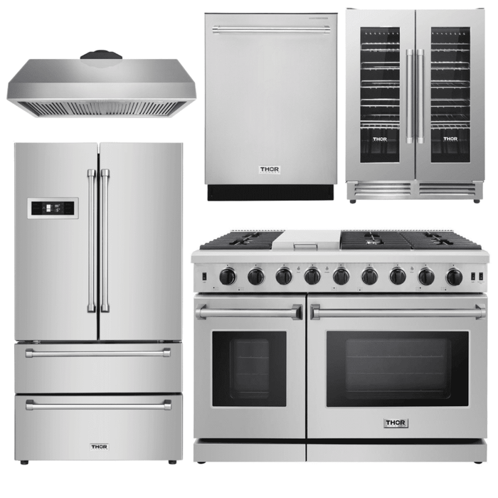 Thor Appliance Package - 48 In. Gas Range, Range Hood, Refrigerator, Dishwasher & Wine Cooler, AP-LRG4087U-4