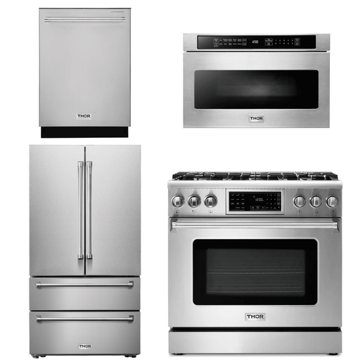 Thor Kitchen Appliance Package - 36 In. Natural Gas Range, Microwave Drawer, Refrigerator, Dishwasher, AP-TRG3601-6