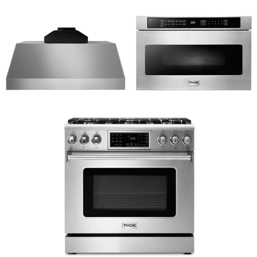 Thor Kitchen Appliance Package - 36 In. Gas Range, Range Hood, Microwave Drawer, AP-TRG3601-C-4