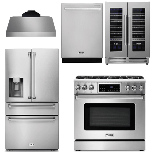 Thor Kitchen Appliance Package - 36 In. Gas Range, Range Hood, Refrigerator with Water and Ice Dispenser, Dishwasher, Wine Cooler, AP-TRG3601-C-8