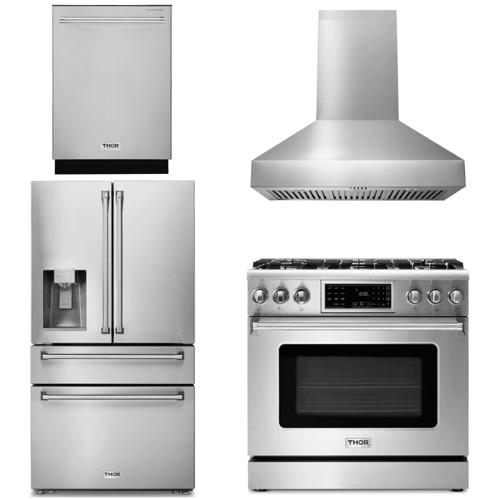 Thor Kitchen Appliance Package - 36 In. Gas Range, Range Hood, Refrigerator with Water and Ice Dispenser, Dishwasher, AP-TRG3601-W-7