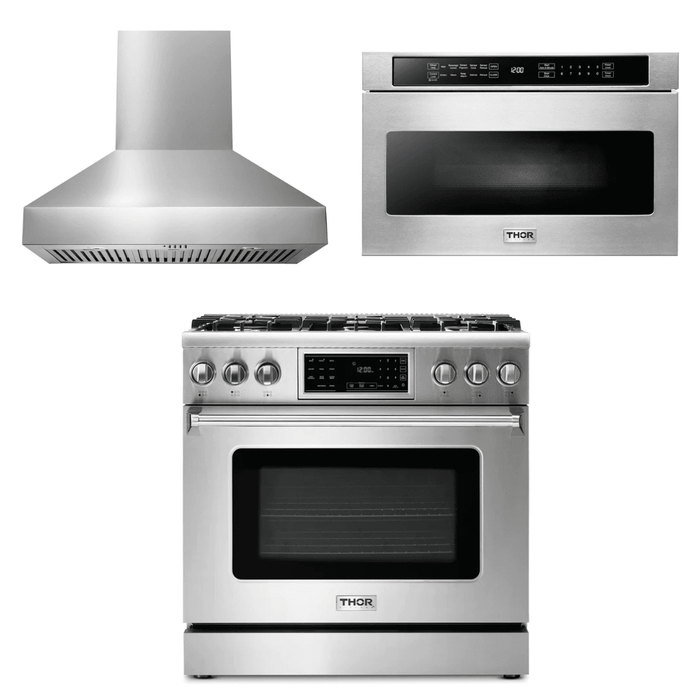 Thor Kitchen Appliance Package - 36 In. Gas Range, Range Hood, Microwave Drawer, AP-TRG3601LP-W-4
