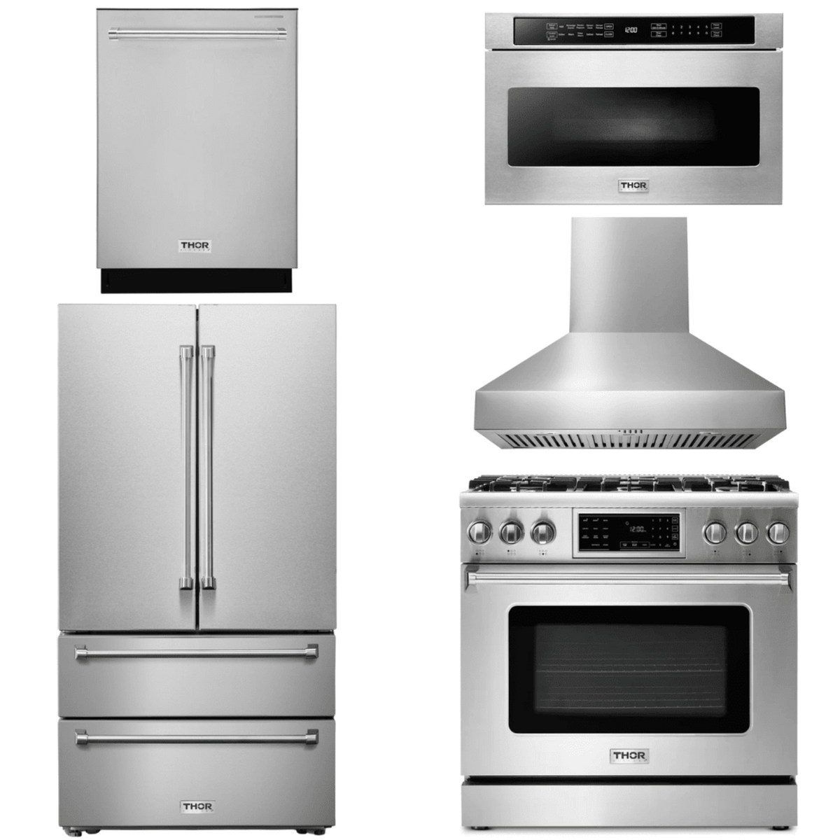 Thor Kitchen Appliance Package - 36 In. Gas Range, Range Hood, Microwave Drawer, Refrigerator, Dishwasher, AP-TRG3601LP-W-5