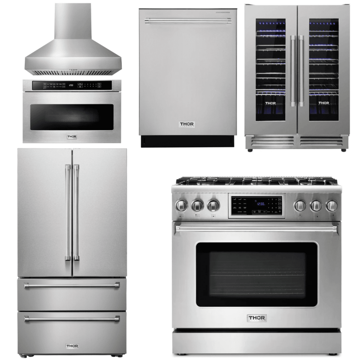 Thor Kitchen Appliance Package - 36 In. Gas Range, Range Hood, Microwave Drawer, Refrigerator, Dishwasher, Wine Cooler, AP-TRG3601LP-W-6