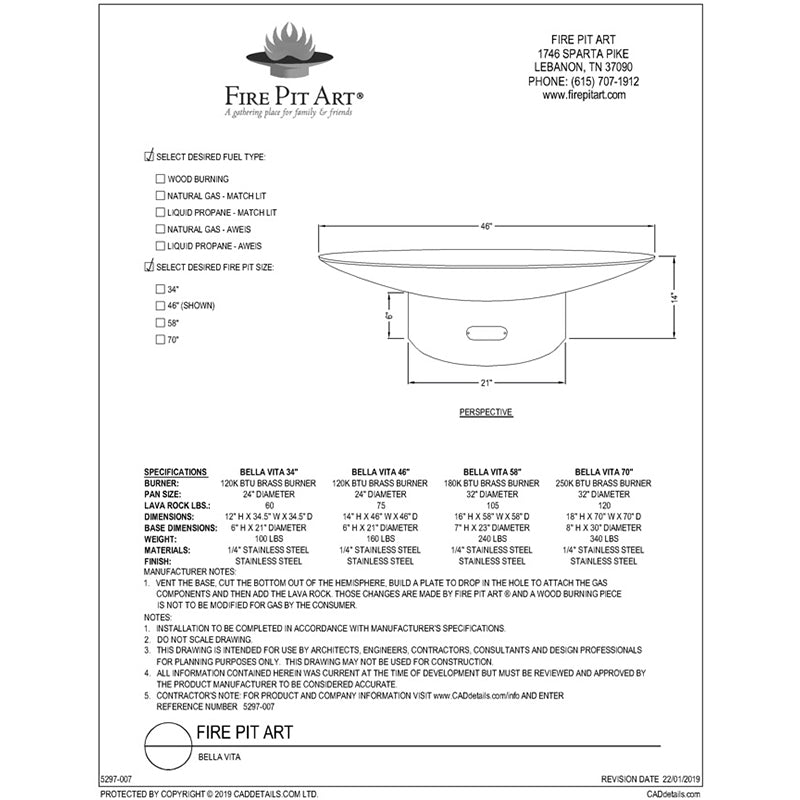 Fire Pit Art Bella Vita Specifications