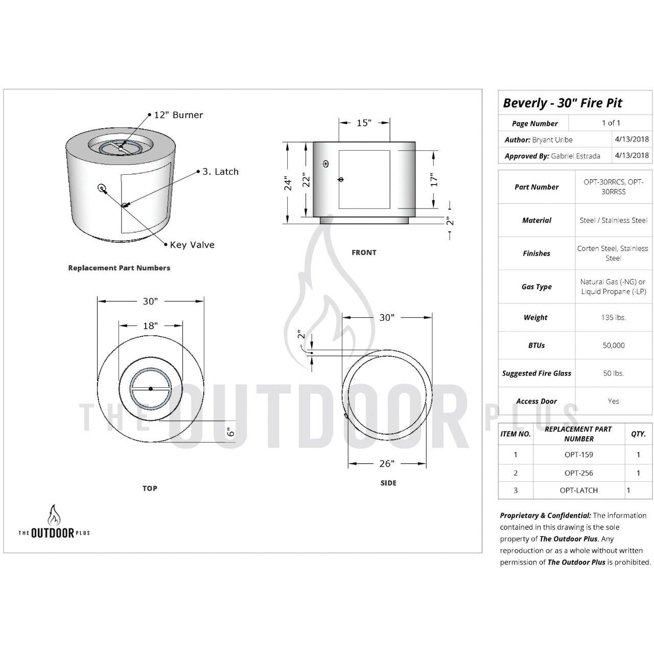 30" Beverly Fire Pit Specs Sheet