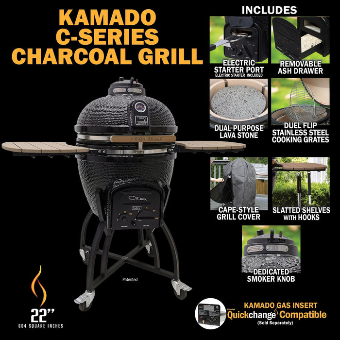 Vision Grills Professional | C-Series Ceramic Kamado Grill | Charcoal Gas Compatible - C-Series - Super Bundle Black