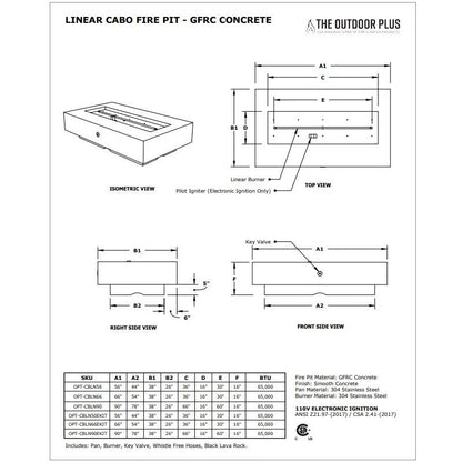 56" Cabo Linear Concrete Fire Pit Specs Sheet