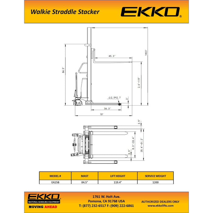 EKKO Semi-Electric Straddle Stacker - 119" Height - 3300 lbs Capacity - EA15B