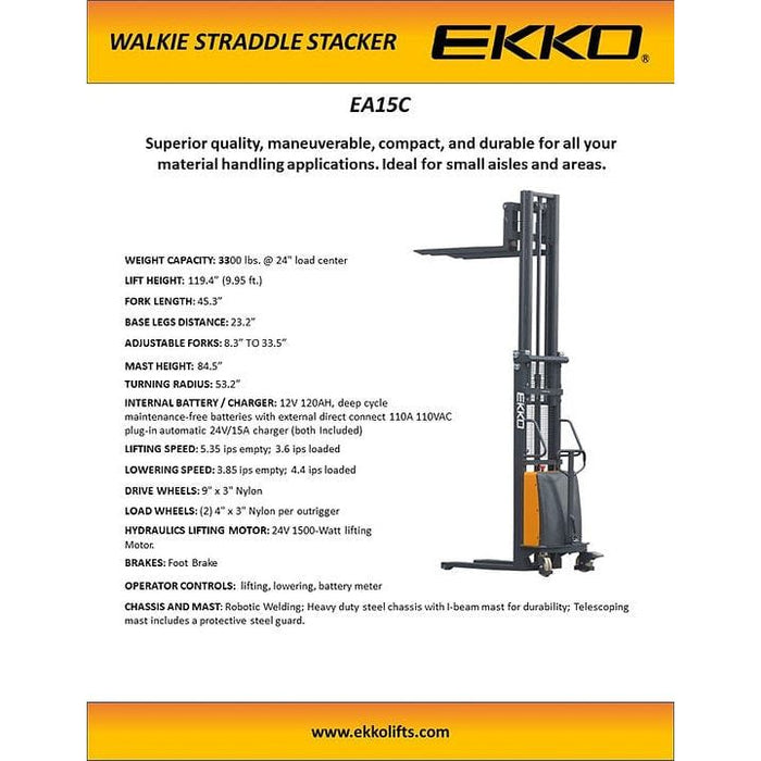 EKKO Fork-Over Stacker - 119" Height - 3300 lbs Capacity - EA15C