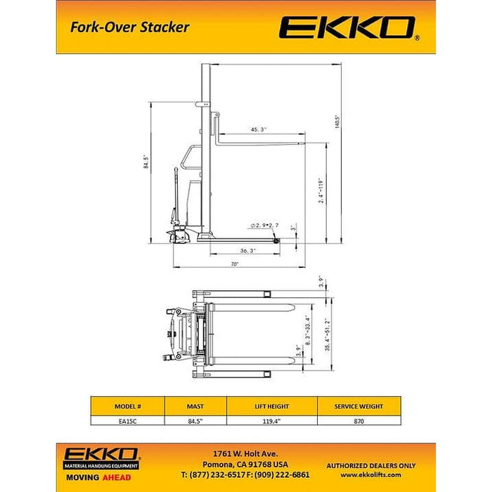 EKKO Fork-Over Stacker - 119" Height - 3300 lbs Capacity - EA15C