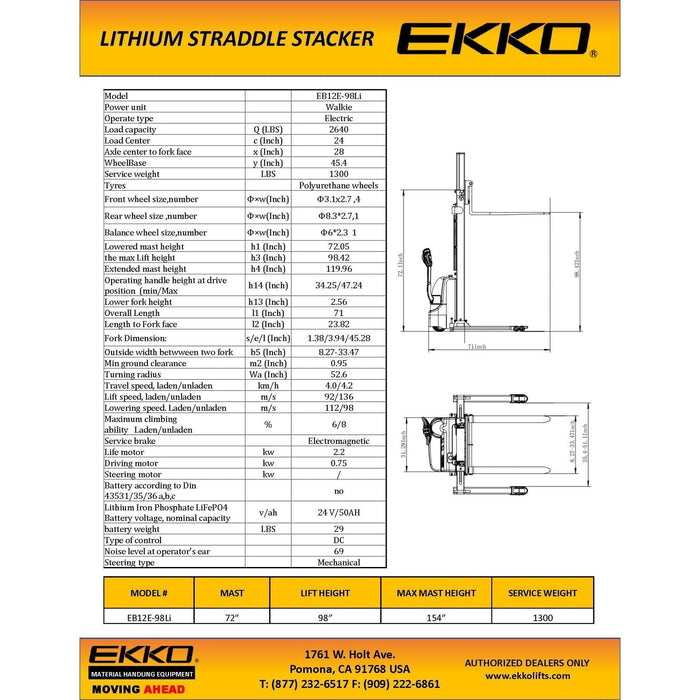 EKKO Lithium Ion Phosphate Straddle Stacker - 2640 lbs Capacity - EB12E-98Li