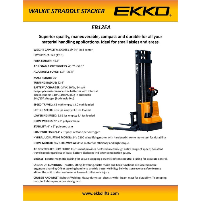 EKKO Full Powered Straddle Stacker - 145" Height 3000 lbs Capacity - EB12EA