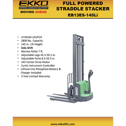EKKO Full Powered Straddle Stacker Side Shifting 2800 lb Capacity 145" Height - EB13ES-145LI