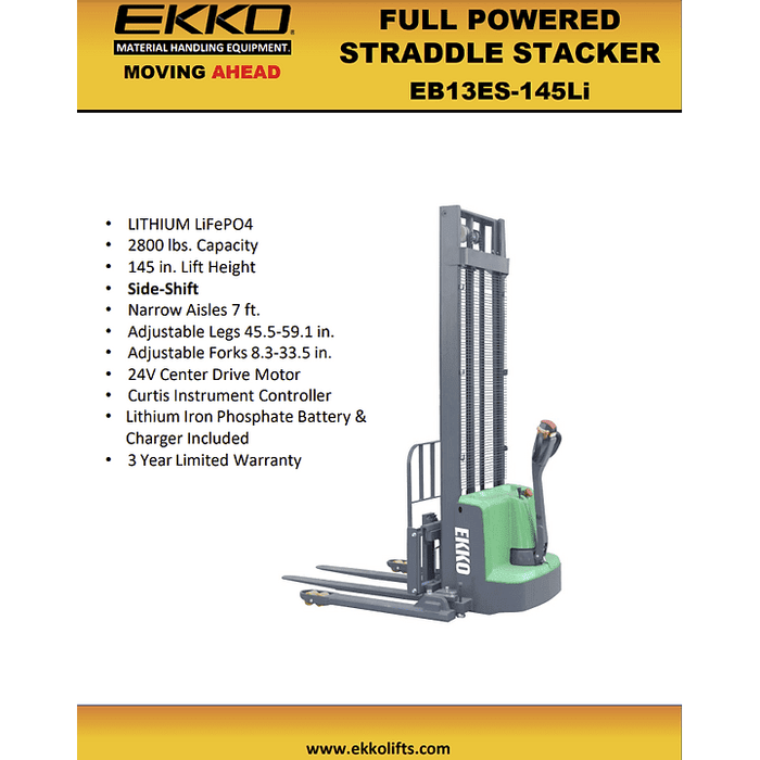 EKKO Full Powered Straddle Stacker Side Shifting 2800 lb Capacity 145" Height - EB13ES-145LI