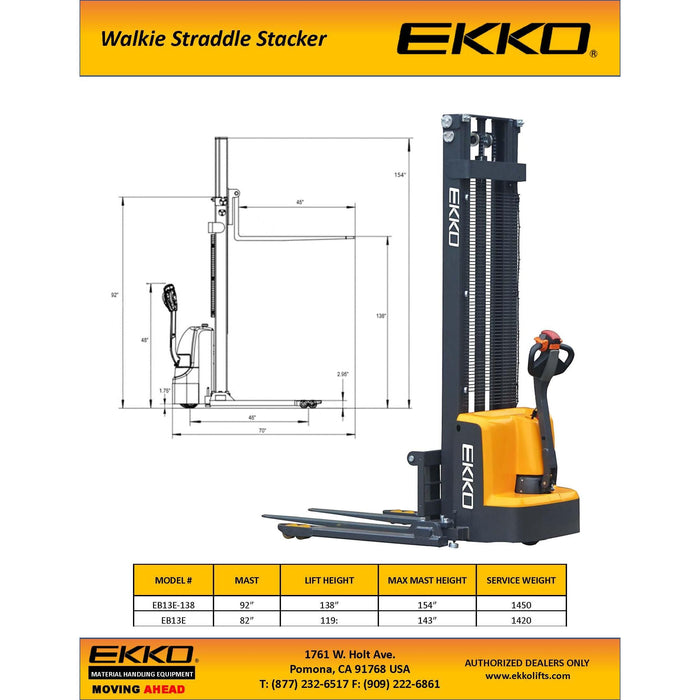 EKKO Full Powered Straddle Stacker 119/138" Height 2800 lbs Capacity - EB13E
