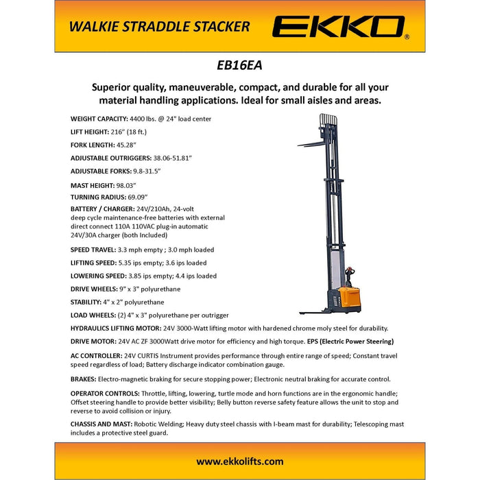 EKKO Full Powered Straddle Stacker 4400 lbs Capacity 216" Height - EB16EA