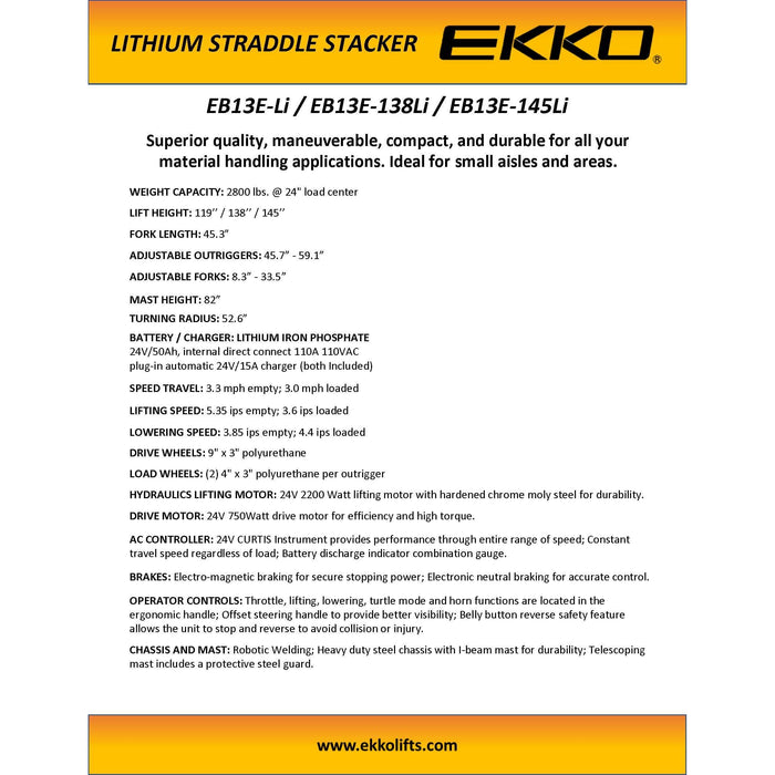 EKKO Full Powered Straddle Stacker 2800 lb Capacity 119" Height - EB13E-LI