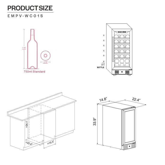 Empava 15" 31 Bottle Wine Cooler, EMPV-WC01S