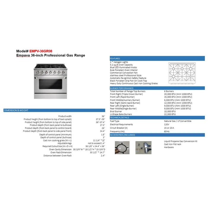 Empava 36" Slide-In Single Oven Natural Gas Range with 6 Burners - 5.2 cu.ft, EMPV-36GR08