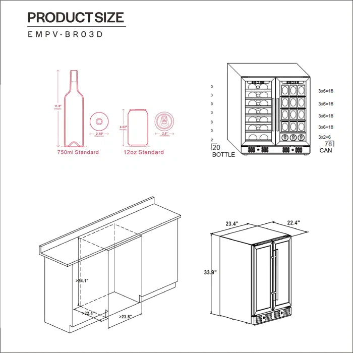 Empava 24" 20 Bottle and 78 Can Dual Zone Wine Cooler & Beverage Fridge, EMPV-BR03D