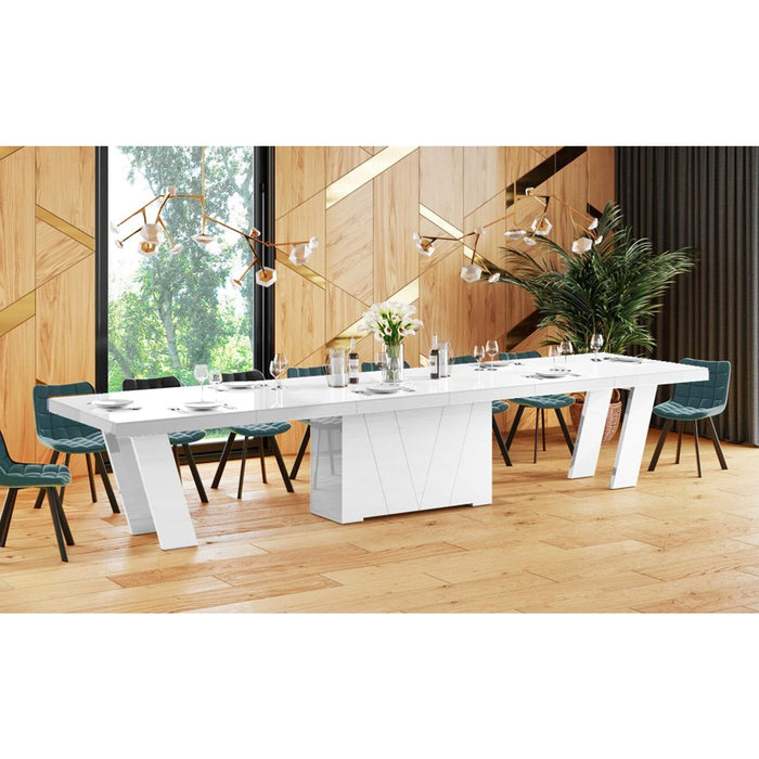 Maxima House Dining Set ALETA 11 pcs. modern white glossy Dining Table with 4 self-starting leaves plus 10 chairs - HU0078K-332GR - Backyard Provider