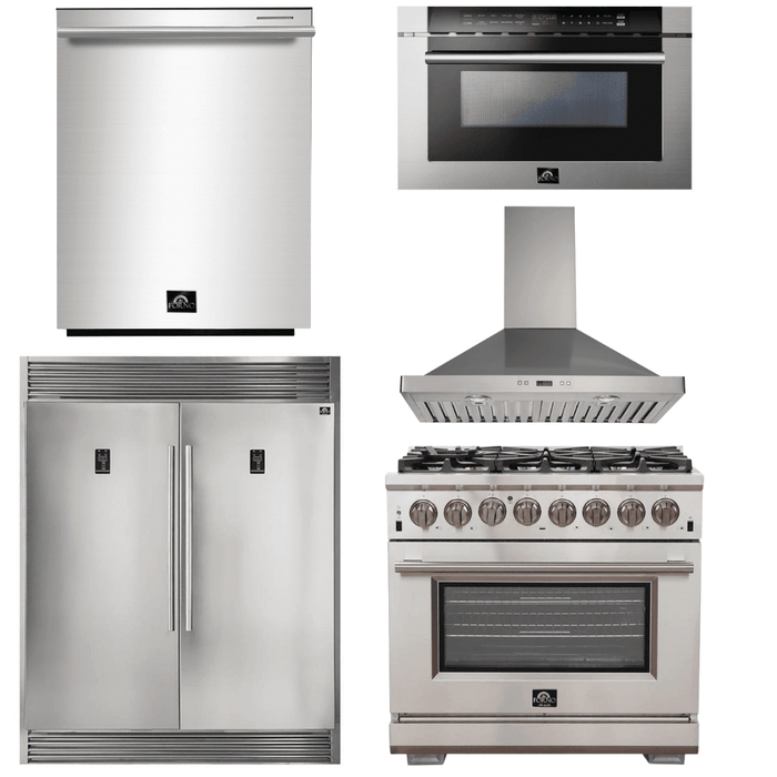 Forno Appliace Package - 36 Inch Gas Burner/Electric Oven Pro Range, Wall Mount Range Hood, Refrigerator, Microwave Drawer, Dishwasher, AP-FFSGS6187-36-W-8