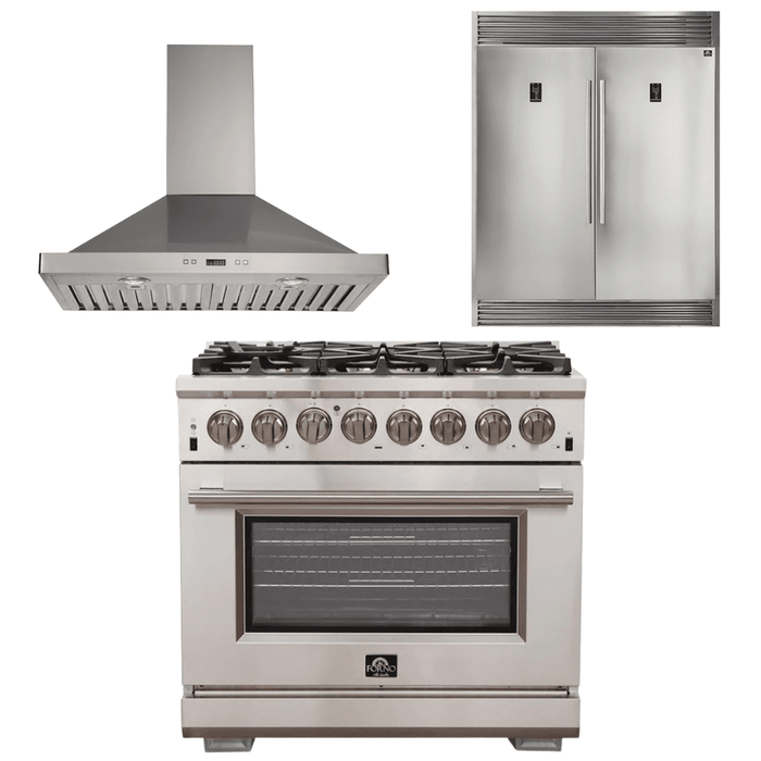 Forno Appliance Package - 36 Inch Gas Burner/Electric Oven Pro Range, Wall Mount Range Hood, Refrigerator, AP-FFSGS6187-36-W-4