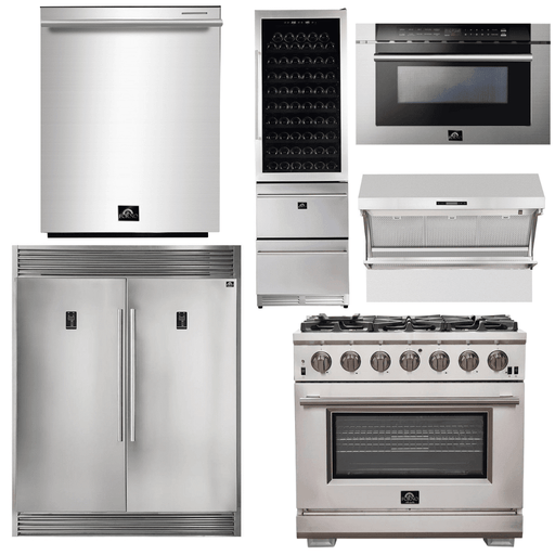 Forno Appliance Package - 36 Inch Pro Gas Range, Range Hood, Refrigerator, Microwave Drawer, Dishwasher, Wine Cooler, AP-FFSGS6260-36-9