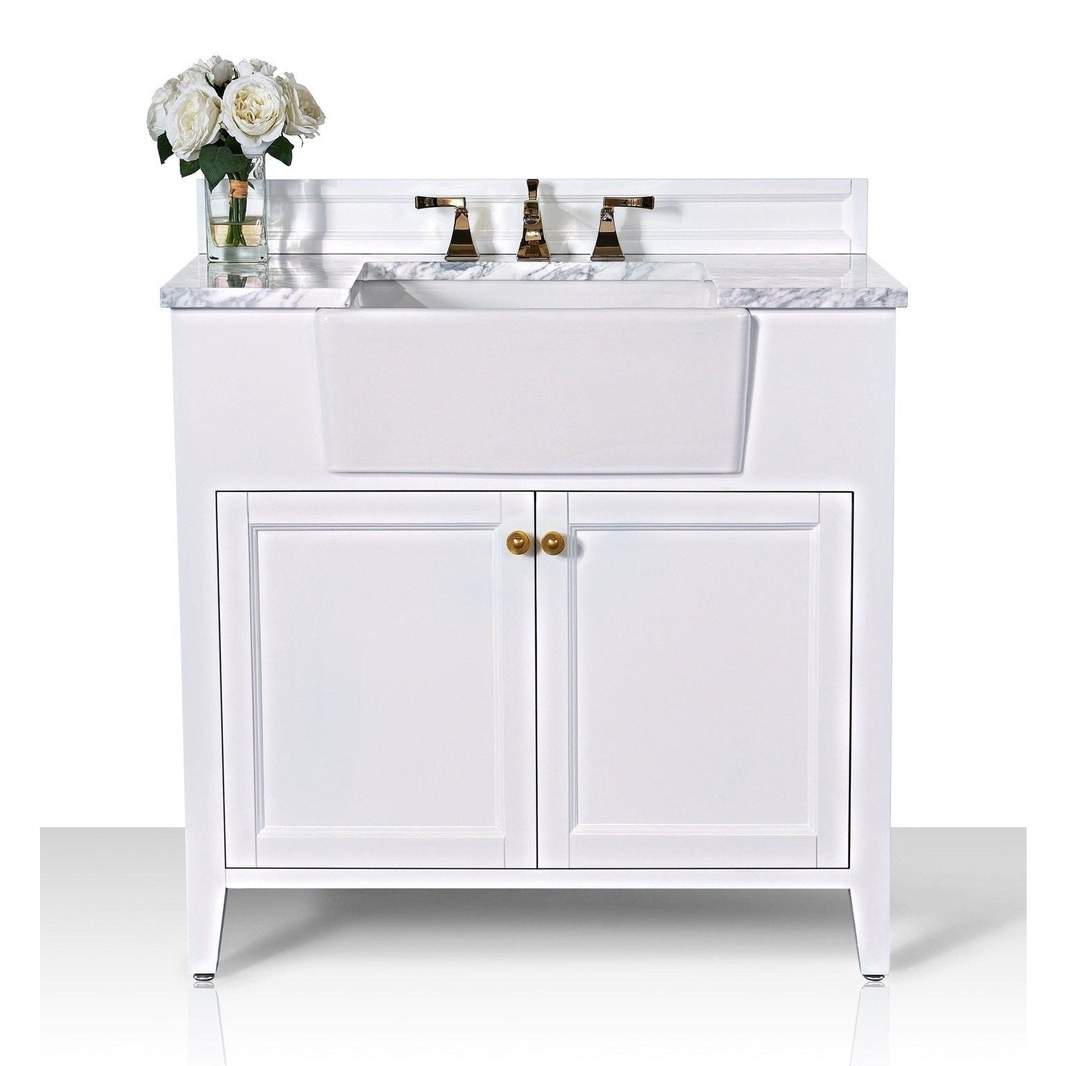 Ancerre Adeline Bathroom Vanity with Farmhouse Sink and Carrara White Marble Top Cabinet Set - VTS-ADELINE-36-W-CW-GD - Backyard Provider