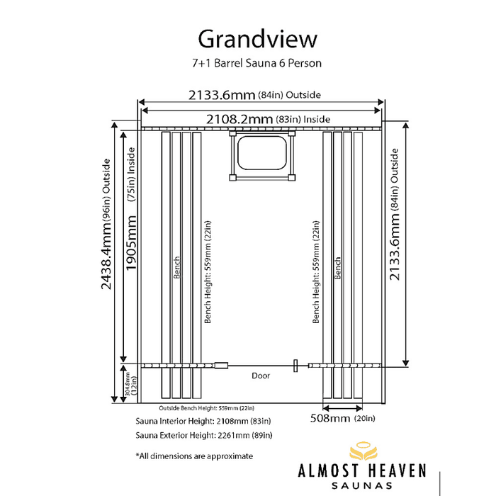 Almost Heaven Grandview 4-6 person Canopy Barrel Sauna