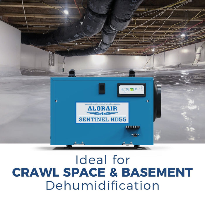 AlorAir Commercial Dehumidifier 113 Pint, with Drain Hose for Crawl Spaces, Basements, Industry Water Damage Unit, Compact, Portable, Auto Defrost, Memory Starting, 5 Years Warranty | Sentinel HD55 Blue
