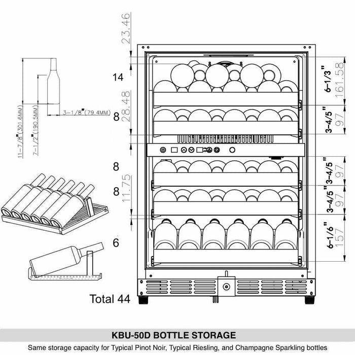 Kings Bottle 44 Bottles 24 Inch Under Counter Dual Zone Wine Cooler Drinks - KBU50DX