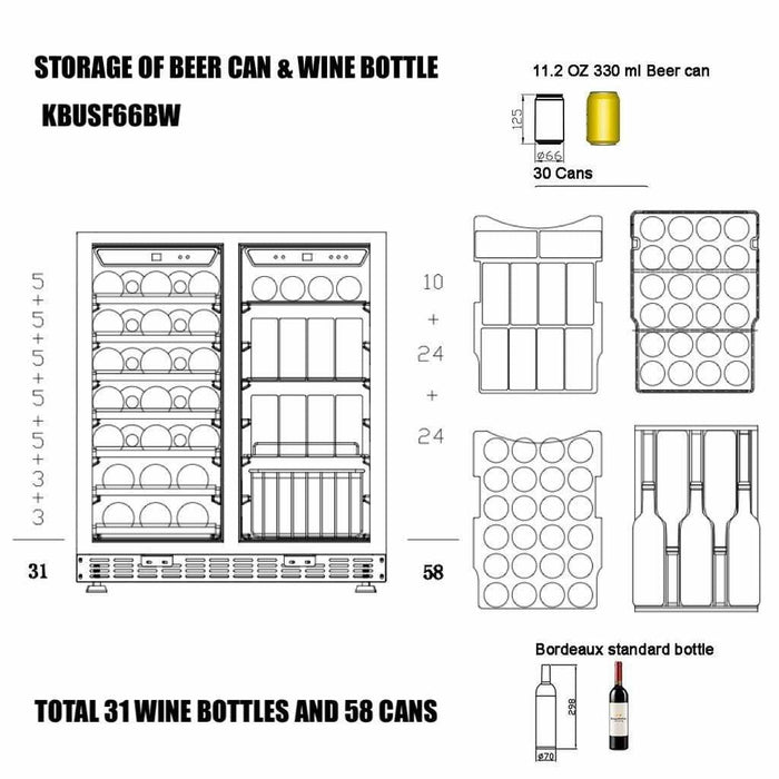 Kings Bottle 30" Under Counter Low-E Glass Door Wine and Beer Cooler Combo - KBUSF66BW-SS