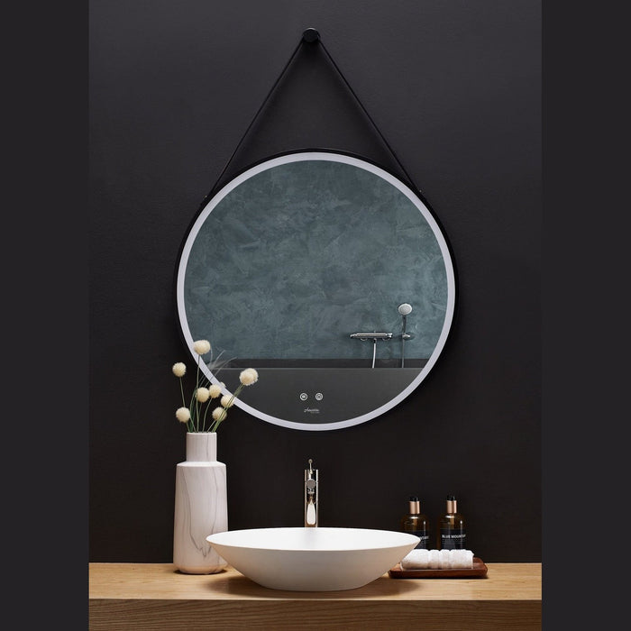 Ancerre Sangle Round LED Mirror Black Framed Lighted Bathroom Vanity Mirror and Vegan Leather Strap - LEDM-SANGLE-24 - Backyard Provider