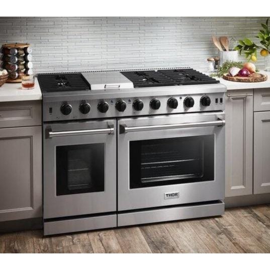 Thor Kitchen Appliance Package - 48 in. Propane Gas Range, Range Hood, Refrigerator, Dishwasher, Wine Cooler, AP-LRG4807ULP-4