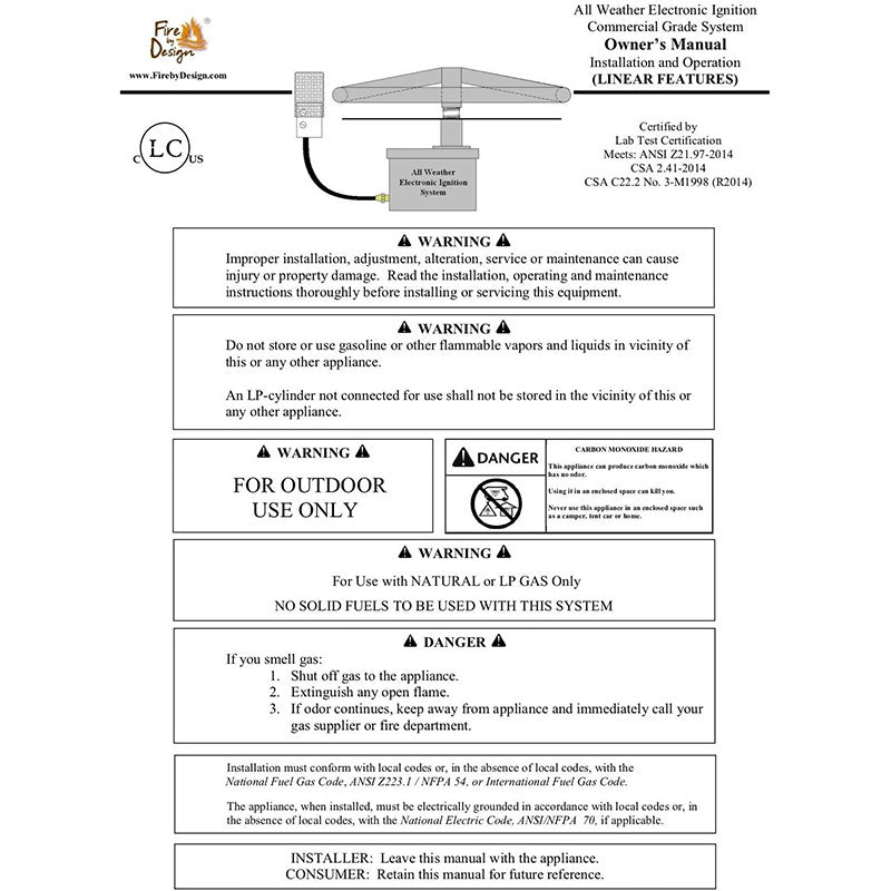 Fire Pit Art Linear 36 Fire Pit - installation instruction and warning