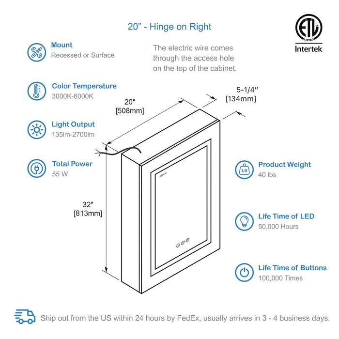 Blossom Asta – 20 Inches LED Medicine Cabinet - MCL2 2032L - Backyard Provider