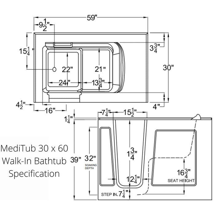 Meditub 30 x 60 Walk-In Bathtub 3060WI - Backyard Provider