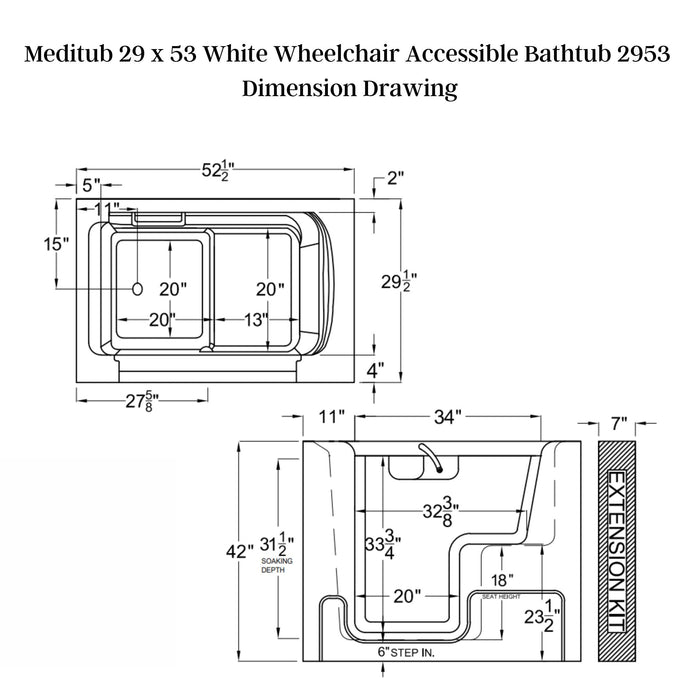 Meditub 29 x 53 White Wheelchair Accessible Bathtub 2953 - Backyard Provider