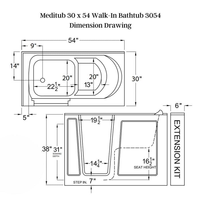 Meditub 30 x 54 White Walk-In Bathtub 3054 - Backyard Provider
