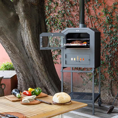  Nuke 60 Outdoor Pizza Oven - open with food, far view