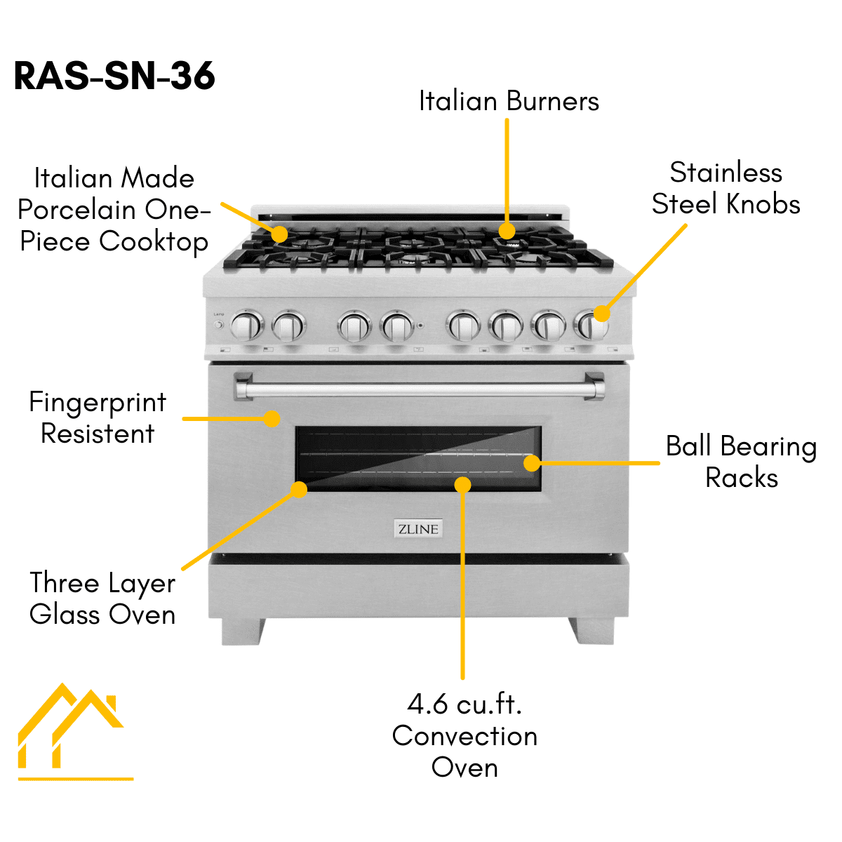 ZLINE 36 in. Professional Gas Burner/Electric Oven in DuraSnow® Stainless with DuraSnow® Stainless Door, RAS-SN-36