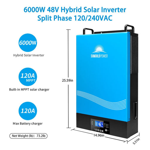 6000W 48V Hybrid Solar Inverter Split Phase 120/240VAC Grid Feedback & Batteryless - TP6048
