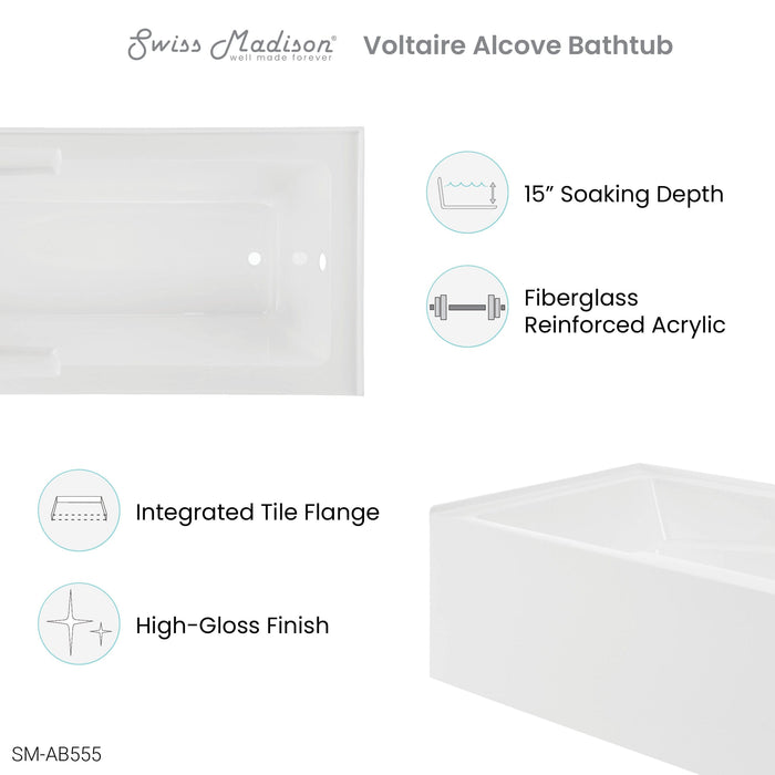 Swiss Madison Voltaire 72" x 36" Right-Hand Drain Alcove Bathtub with Apron - SM-AB555 - Backyard Provider