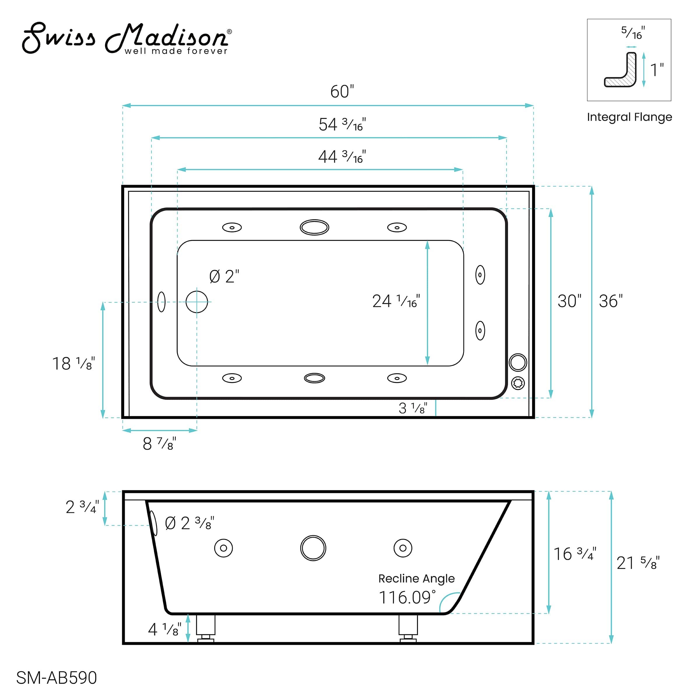 Swiss Madison Avancer 60" x 36" Left-Hand Drain Rectangular Alcove Whirlpool Bathtub with Apron - SM-AB590 - Backyard Provider